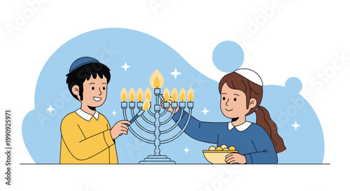 Jewish boy and girl lighting the candles on a menorah for Hanukkah celebration while wearing traditional kippahs at home.