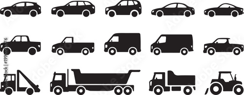 Car and vehicle icons for transportation including cars trucks vans and tractors representing travel commute and automotive industry journey motion.