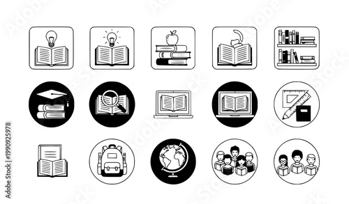 A set of educational icons representing learning and knowledge in a minimalist style