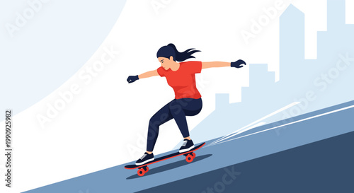 Active woman in a red shirt and black pants skateboarding down a sloped urban street with a city skyline in the background.