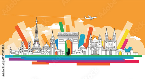 Colorful city skyline featuring famous world landmarks like the Eiffel Tower and Big Ben with an airplane flying in the sky.