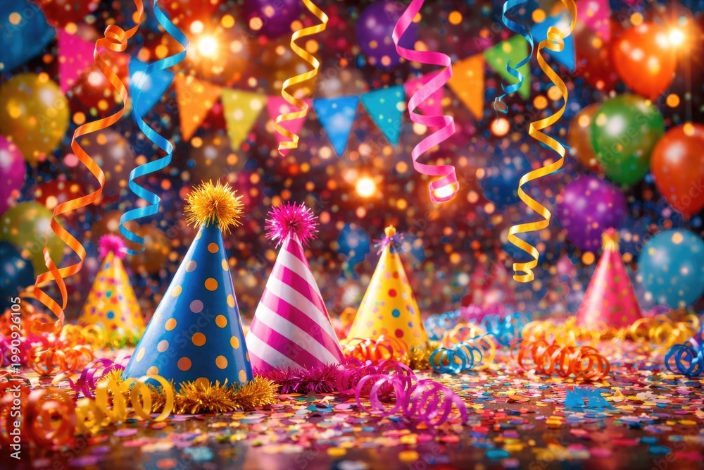 Fototapeta premium Bright carnival scene featuring streamers and party hats in a vibrant backdrop