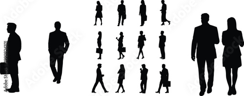 Business people silhouettes walking and standing with briefcases isolated on white background representing corporate professionals teamwork mobility workplace diversity concept