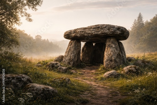 Ancient stone dolmen amid peaceful natural setting with generous copy space for messaging