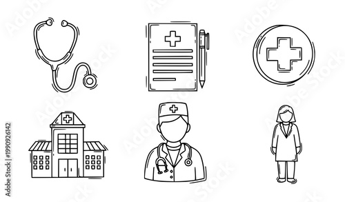 A set of medical icons including a stethoscope and doctor