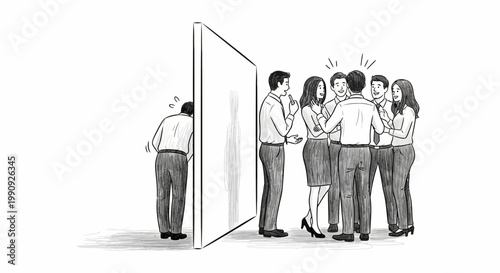 black and white illustration of man feeling stressed or anxious in front of group of people