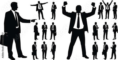 Business people silhouettes with pointing leader and celebrating success poses isolated on white background representing corporate leadership teamwork achievement concept