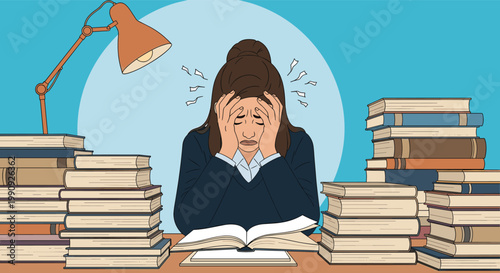 Overwhelmed and stressed student sitting at a desk with massive piles of books while holding her head in her hands.