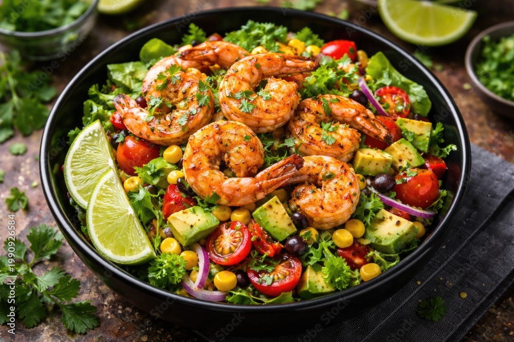 Fototapeta premium Refreshing Mexican shrimp salad served in a black bowl with avocado and fresh cilantro