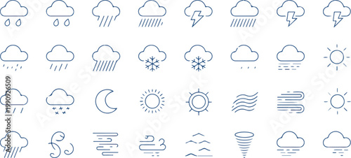 Set of weather icons for forecasting and climate conditions with clear blue outlines.