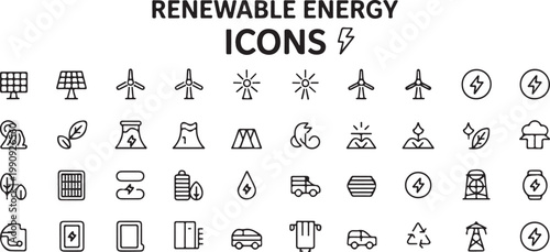 Renewable energy sources icons like solar panels wind turbines and power generation.