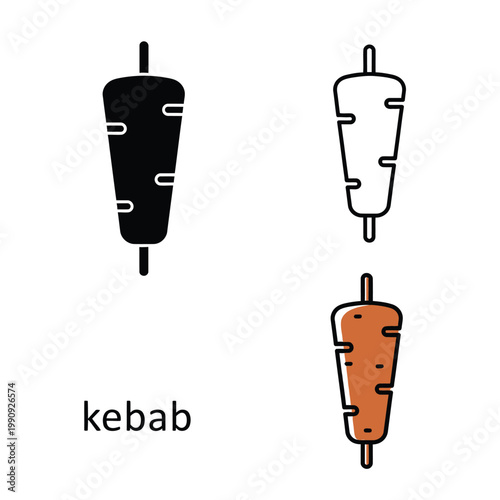 Kebab rotisserie meat icon set showing vertical skewer in flat and outline design styles.