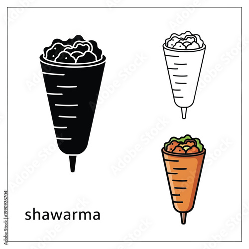 Shawarma wrap icon collection with meat and vegetables in flat and linear style variants.