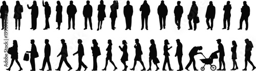 Diverse people silhouettes walking and standing in line collection isolated on white background, crowd figures illustration for social, urban lifestyle concepts