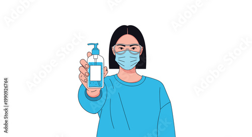 Healthcare worker or individual wearing a medical mask and safety goggles holding out a bottle of blue hand sanitizer gel.