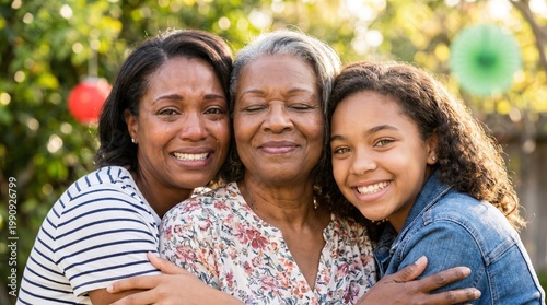 Family of three Black women with a loving mood sharing a generational hug for Juneteenth against a sunny outdoor background