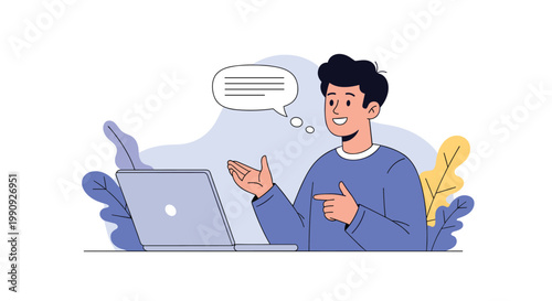 Happy man in a blue sweater sitting at a desk and having a conversation via video call on his laptop computer.