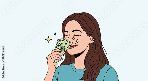 Happy woman with closed eyes smiling and smelling a stack of green dollar bills representing wealth and financial success.