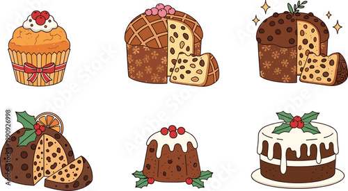 Collection of Festively Decorated Holiday Cakes and Cupcakes with Seasonal Fruits, Icing, Ribbons, and Traditional Christmas Dessert Designs