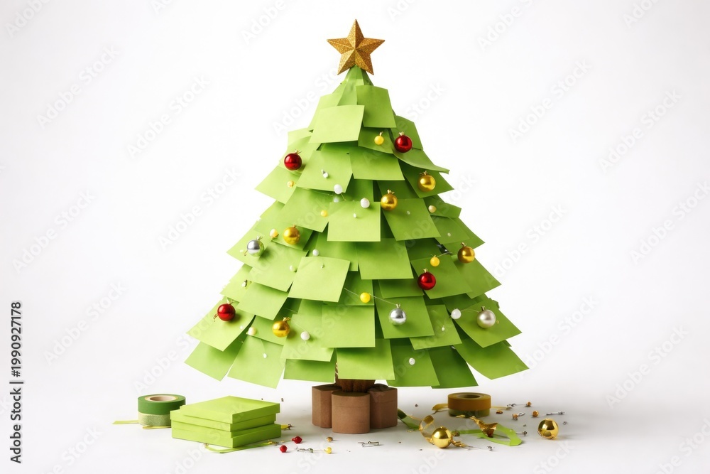 Fototapeta premium Innovative holiday tree made from green sticky notes on a plain white backdrop