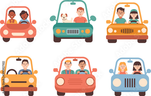 People driving cars set diverse drivers passengers road travel transportation lifestyle vector illustration isolated collection modern flat design concept