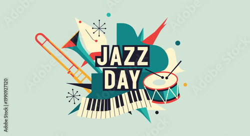 Creative illustration for Jazz Day featuring the words Jazz Day surrounded by instruments like a piano, drums, and trombone.