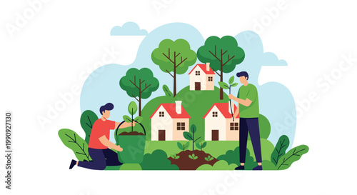 Eco-friendly community illustration showing two people actively planting trees in a green landscape with small sustainable houses.