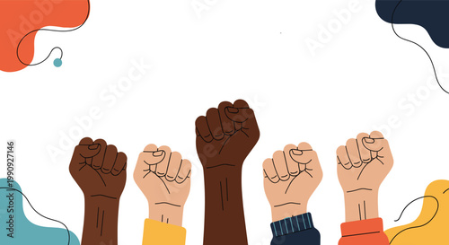 Graphic illustration showing five raised fists of diverse skin tones side by side to symbolize unity, strength, and the fight for justice.