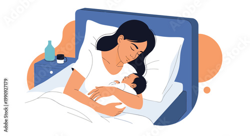 Peaceful illustration of a young mother sleeping soundly in bed while gently cradling her newborn baby in her arms.