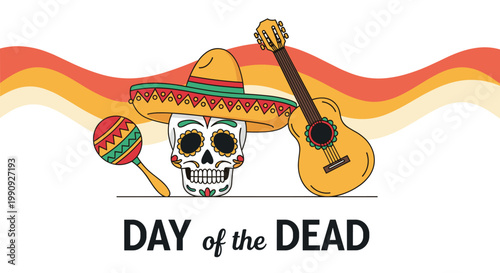 Dia de los Muertos greeting card featuring a decorated sugar skull with a large sombrero, a guitar, and a colorful maraca.