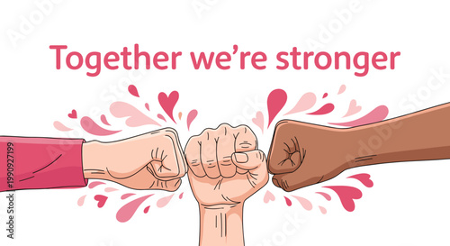 Three hands of different skin tones coming together in a fist bump gesture under the text Together we are stronger.