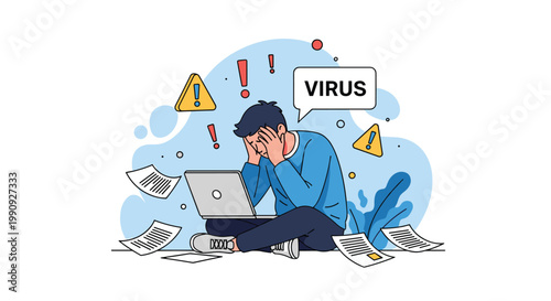 Frustrated young man sitting on the floor with a laptop facing a computer virus attack and warning signs on the screen.