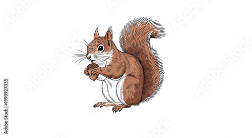 Realistic hand drawn illustration of a brown squirrel sitting and holding a small acorn against a clean white background.