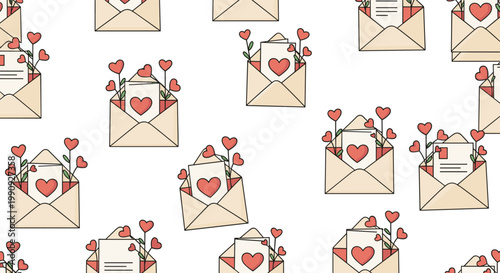 Charming seamless pattern of open love letters in envelopes with red hearts and flowers on a white background for romantic themes.