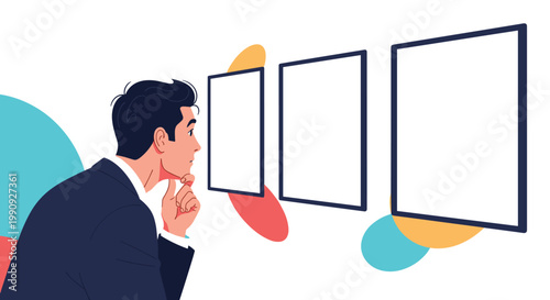Professional businessman in a suit looking thoughtfully at three blank frames on a wall contemplating art or strategic choices.