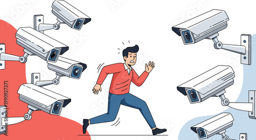 Worried man running away from multiple CCTV surveillance cameras on walls symbolizing lack of privacy and constant monitoring.