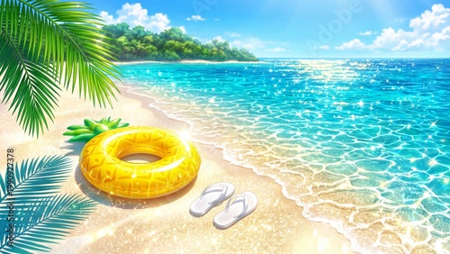 Yellow pineapple float and flip flops on sunny tropical beach. Green palm leaves with ocean waves and sandy shore. Summer vacation relaxation and seaside paradise concept