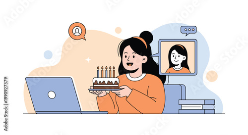Happy young woman celebrating a birthday online while holding a cake with candles during a video call on her laptop computer.