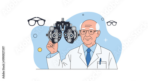 Experienced elderly male optometrist in a white coat posing with a professional phoropter for eye examinations in an optical clinic.