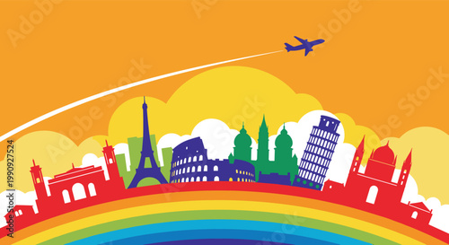 Travel and tourism concept illustration featuring world famous landmarks on a colorful rainbow under a bright yellow and orange sky.