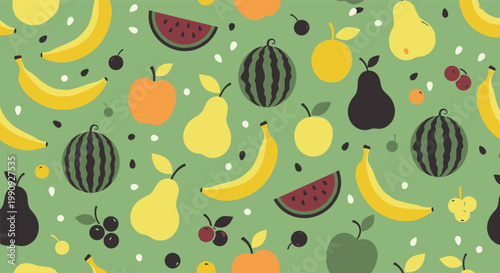 Refreshing seamless pattern of various fruits such as watermelons, bananas, apples, and pears on a soft green background for fabric design.