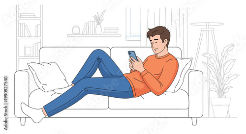 Relaxed young man lying on a comfortable sofa in his living room and using a smartphone for leisure or social networking.