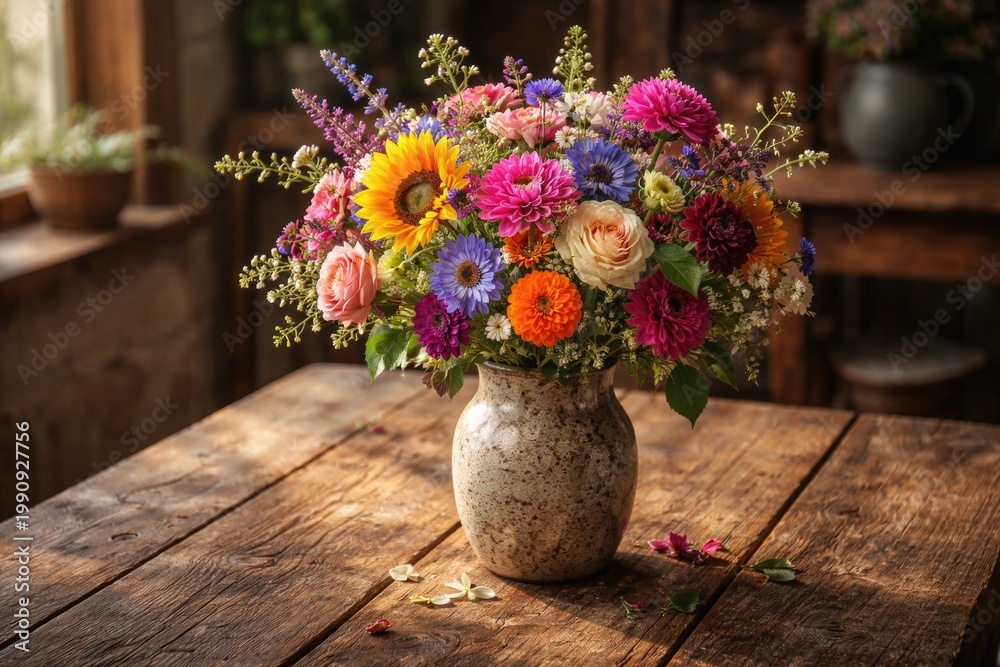 Fototapeta premium rustic wooden tabletop adorned with a multicolored bouquet vase centerpiece