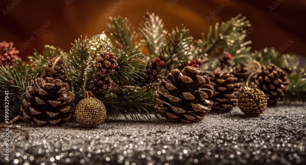 Fototapeta premium Winter Noel holiday decoration with glittering snow and pinecones on a warm backdrop