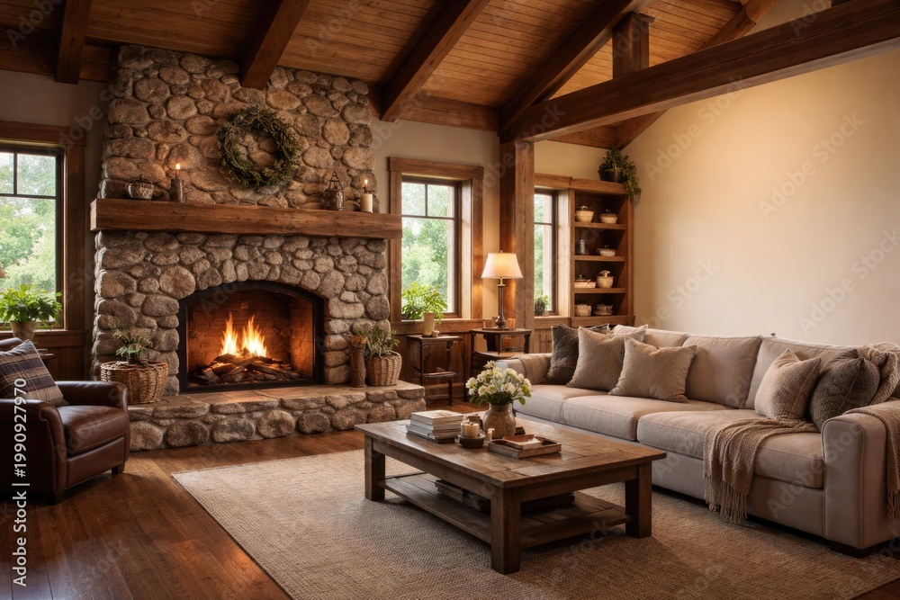 Obraz premium Spacious living room scene with rustic river rock fireplace and copyspace area