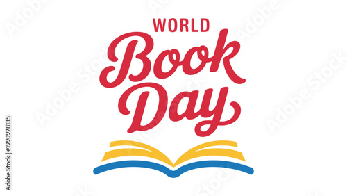 world book day typography design with open book icon and bold script lettering colorful minimal illustration on light background educational reading concept vector poster style 