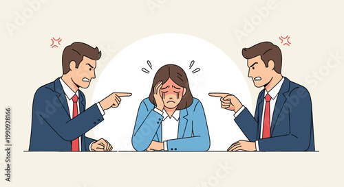 Stressed businesswoman sitting at office desk feeling pressured while two angry male colleagues point fingers at her aggressively.
