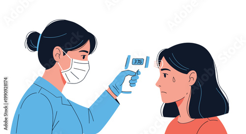 Female medical worker in blue uniform and mask uses an infrared thermometer to check the body temperature of a worried young woman.