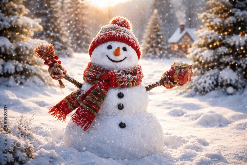 Fototapeta premium Whimsical winter scene with a merry snowman spreading holiday cheer on a bright snowy field