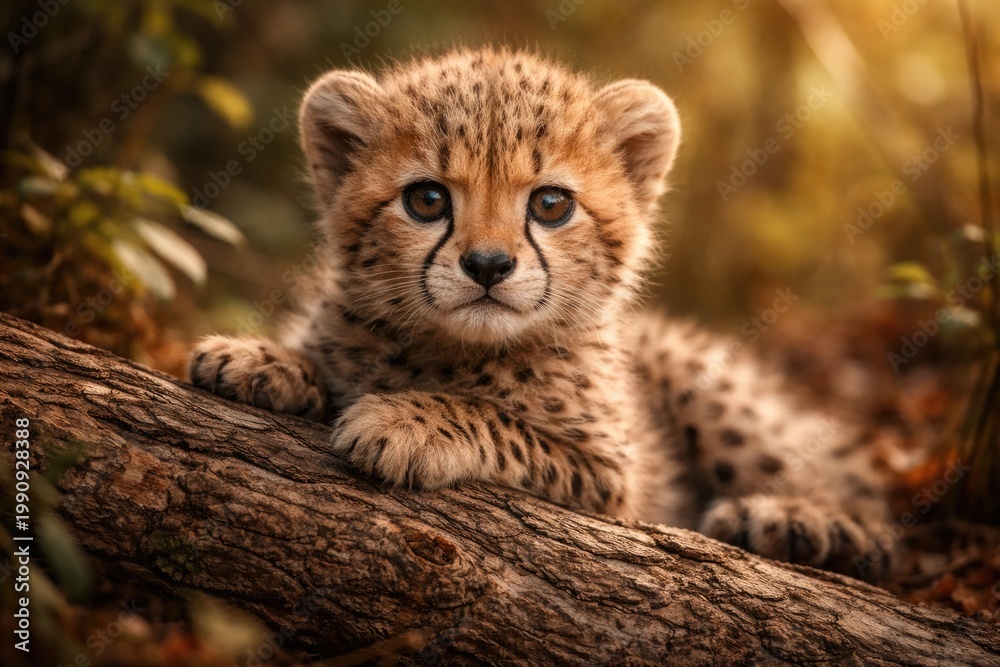 Obraz premium Cute baby cheetah with expressive eyes resting on fallen timber in natural setting